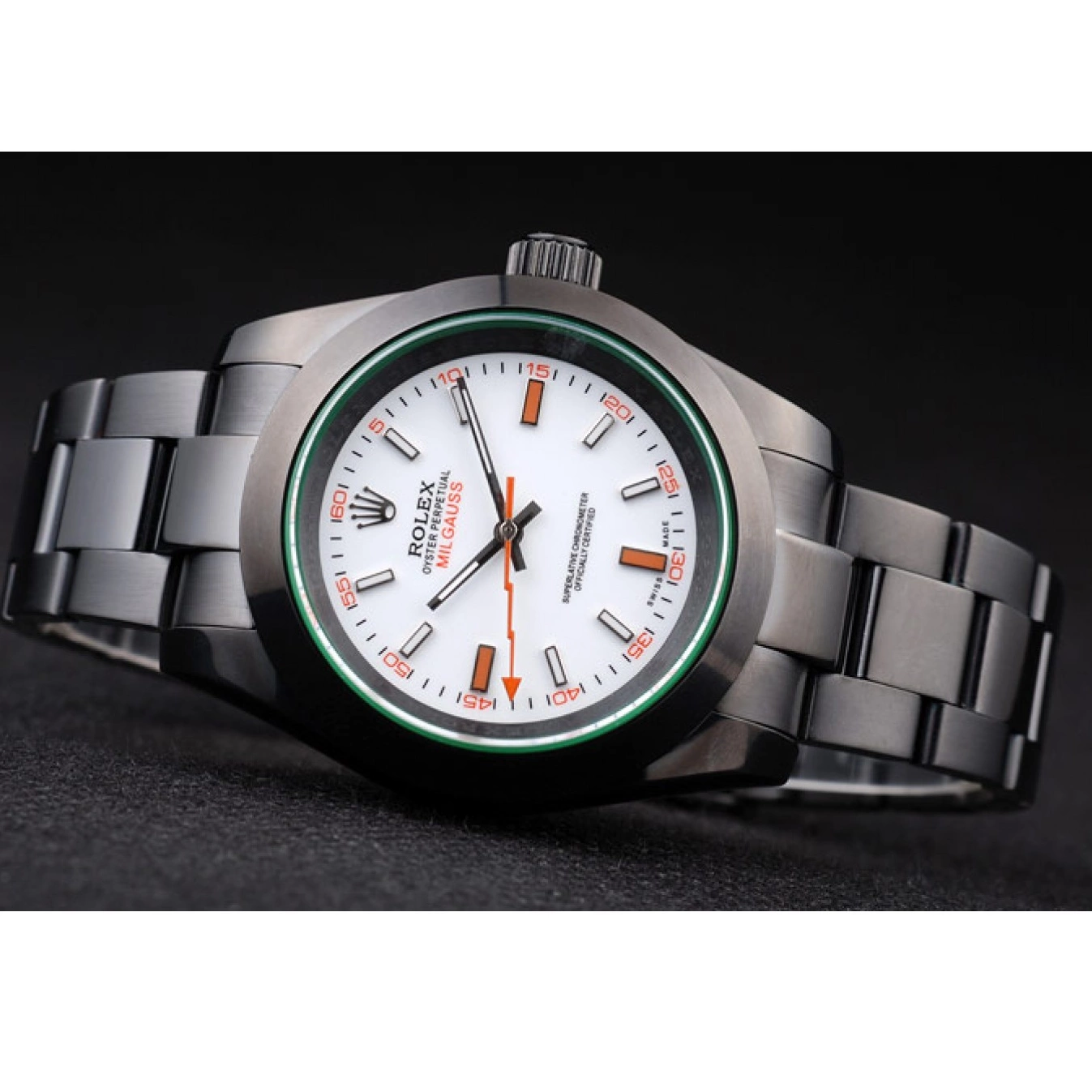 Aaa replica watch Saphire Rolex White Green Tinted Milgauss Pro-Hunter Dial 0801